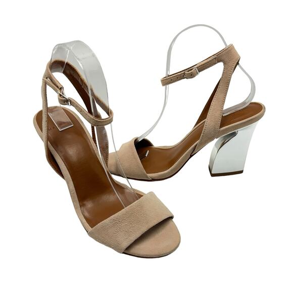 Halston Simi Blush Pink Kid Suede Leather Silver Metallic Block Heel Sandals - Picture 2 of 12